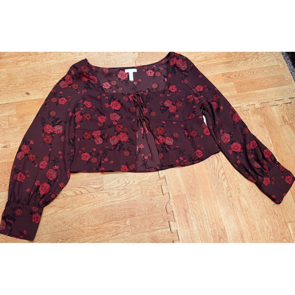 Leith Burgundy Floral Tie Front Crop Top Long Sleeve Blouse XL Burgundy Red Rose